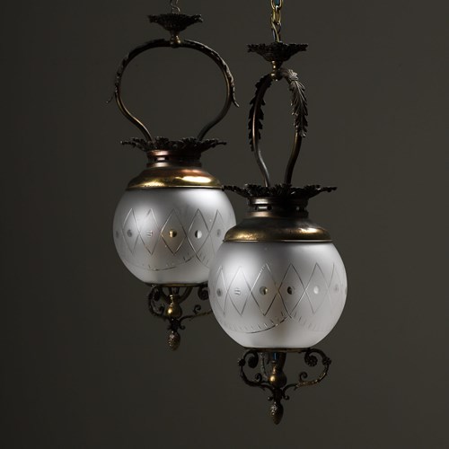 Pair Of Italian Etched Glass Globe Lanterns