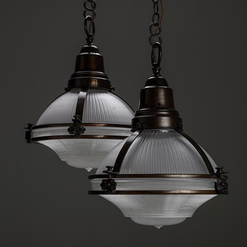 Pair Of Large Three Part Caged Holophane Lanterns