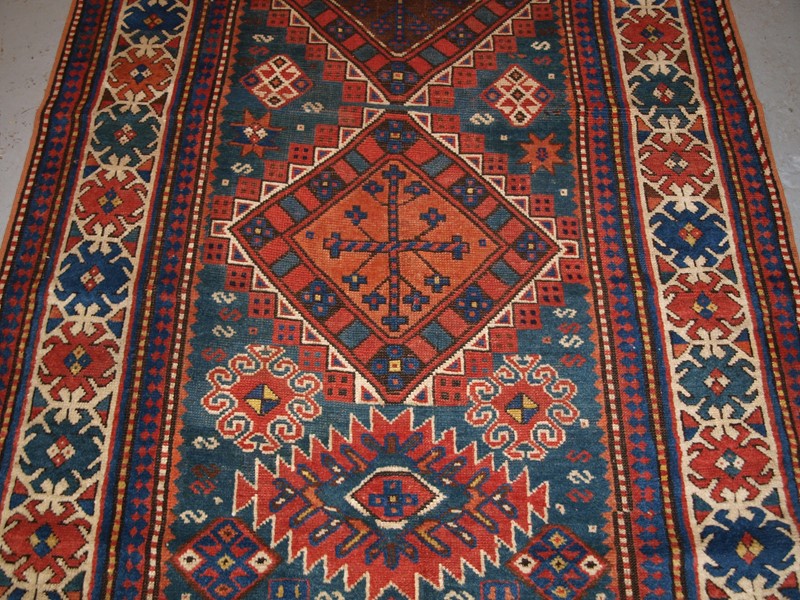 Antique Caucasian Karachov Kazak Rug on Green Grou-cotswold-oriental-rugs-pa077755-main-637788124042301230.JPG