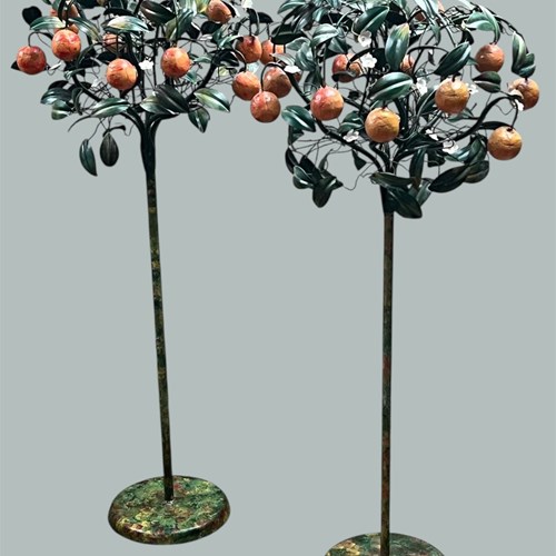 A Pair Of Vintage Italian Floor Standing Painted Tole 'Topiary Orange Trees'