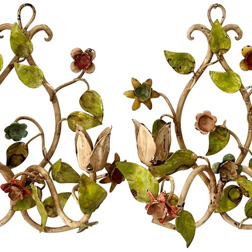 A Pair Of Italian 1940S Painted 'Flowery' Sconces