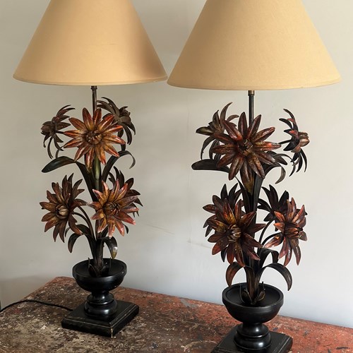 A Pair Of Statuesque Painted Tole & Wood 'Flowering Dahlia' Lamps, Italian,1950S