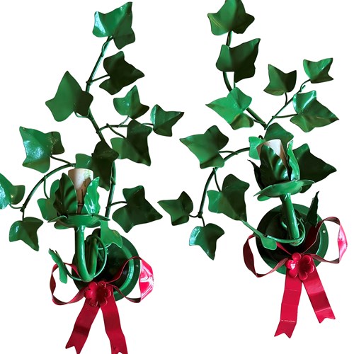 A Pair Of Vintage French Painted Tole 'Ivy & Bow' Wall Lights