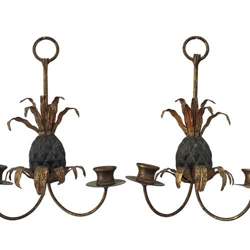 An Elegant Pair Of Gilt Tole & Cast Metal Pineapple Sconces, French, 1960S/70S