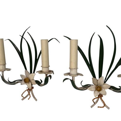 A Pair Of 1940S Italian Painted Tole 'Narcissi' Sconces