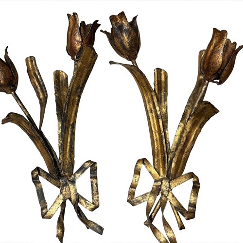 A Pair Of Tole 'Hand Tied Tulip Bouquet' Wall Light Sconces, Italian, 1950S