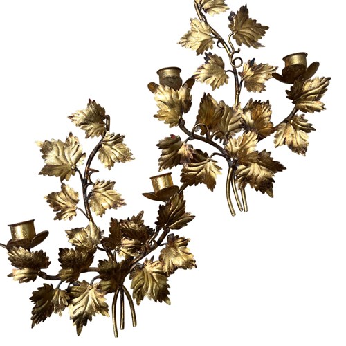 A Pair Of Gilt Tole Italian 'Leafy' Sconces, 1940S