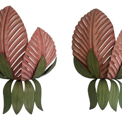 A Rare Pair Of Italian Pink & Green 'Leafy Palm' Wall Lights By  Sergio Terzani