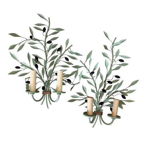 A Scarce Pair Of Vintage Painted Tole French 'Olive Branch' Wall Lights, 1960S
