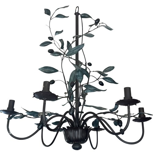 A Good Sized Vintage Painted Tole & Wood 'Potted Olive Tree' Chandelier, French