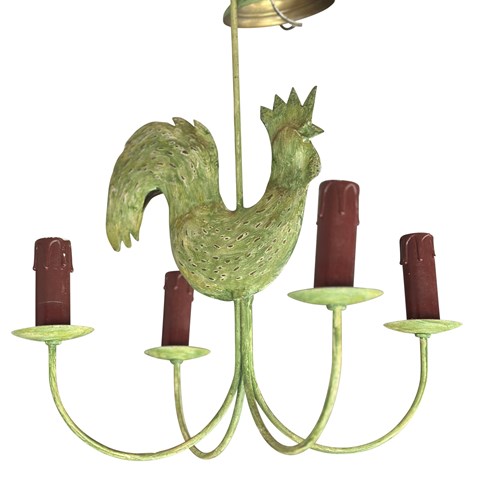 A Vintage French Painted Tole Rooster Chandelier Pendant - 'Le Coq Gaulois'