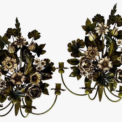 A Pair Of Good Sized Italian 1950S Painted Tole 'Leafy Flower Bouquet' Sconces