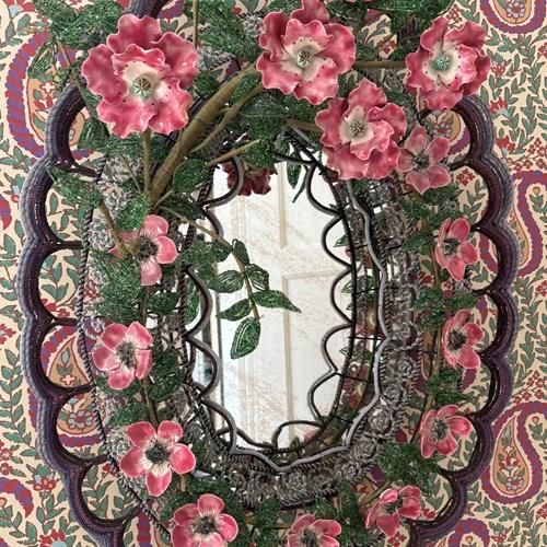 A Murano Glass Bead & Painted Ceramic Framed 'Flowering Anemone' Mirror
