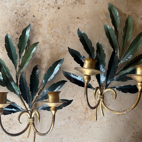 A Pair Of Painted & Gilt Tole 'Leafy Bay' Sconces, French, C.1960