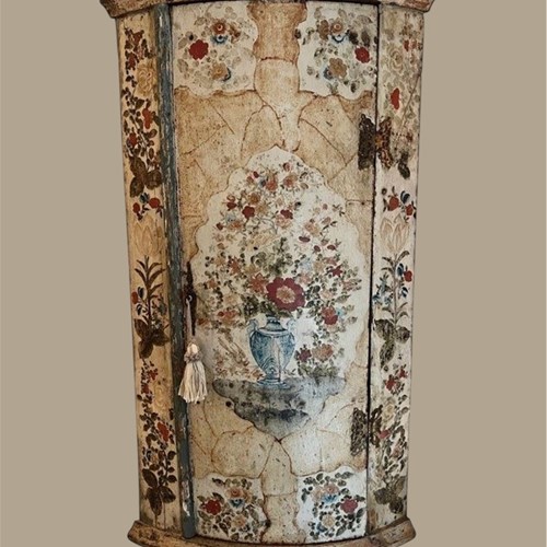 An 18Th Century Dutch Polychrome Painted Bow Fronted Hanging Corner Cupboard