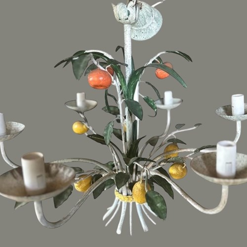 A Vintage French Six Branch Painted Tole 'Citrus' Chandelier