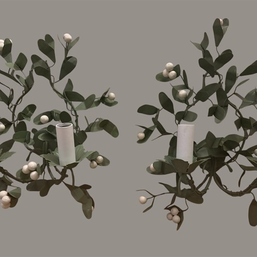 A Pair Of Vintage French Painted Tole 'Mistletoe' Wall Lights By Maison Pouenat