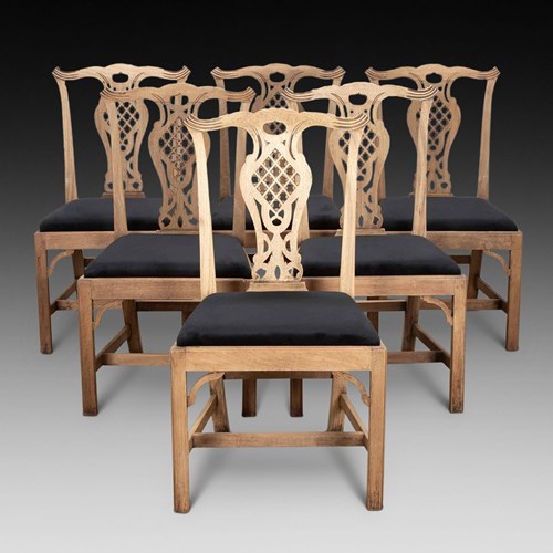 Georgian 19Th Century Set Of Six Bleached Mahogany Fretted Back Dining Chairs