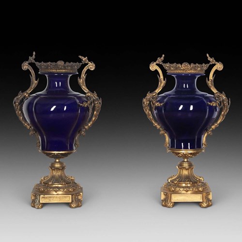 Pair Of 19Th Century Quality Blue Ceramic And Ormolu Vases