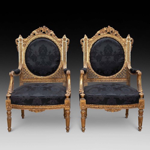 Pair Of 19Th Century Upholstered Gilt Armchairs