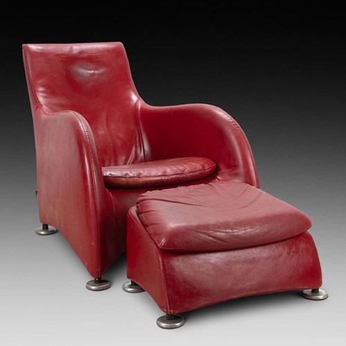 Red Leather Armchair With Footstool By Gerard Van Den Berg
