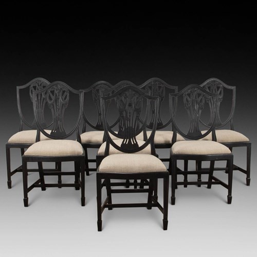 Set Of Eight 20Th Century 'Old Black' Painted Dining Chairs