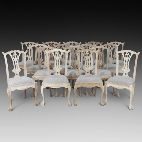 Set Of Sixteen 20Th Century Bleached Chippendale Style Dining Chairs
