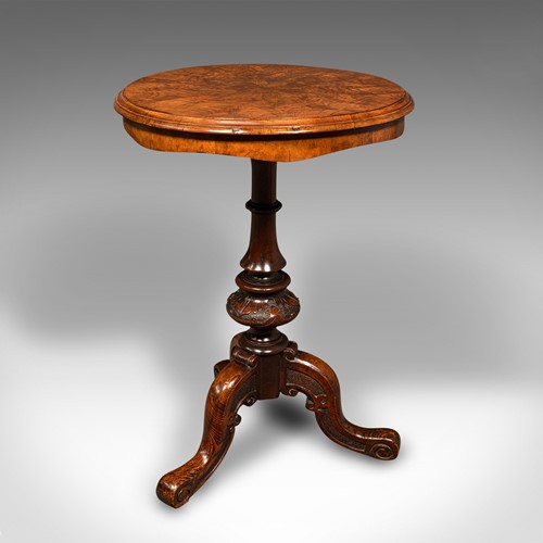 Antique Lamp Table, English Burr Walnut, Decorative, Occasional, Early Victorian