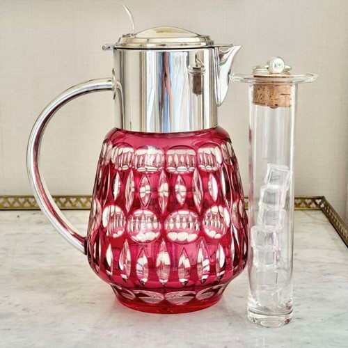 Cranberry cut glass & silver plated cocktail cooling jug C1930s