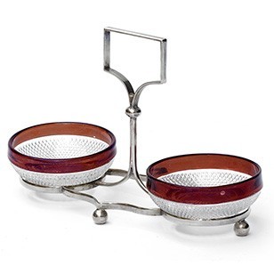 Silver Plate Stand + Cranberry Rimmed Glass Dishes