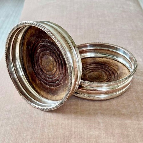 Pair old Sheffield silver plated on copper wine coasters