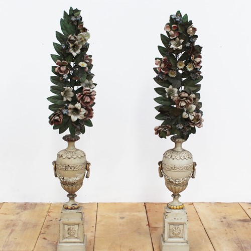 Pair Of 19Th Century Carved Urns And Tole Flowers