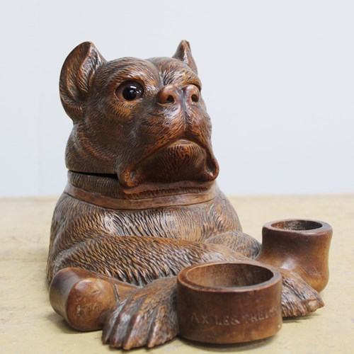 19Th Century Carved Dog Inkwell