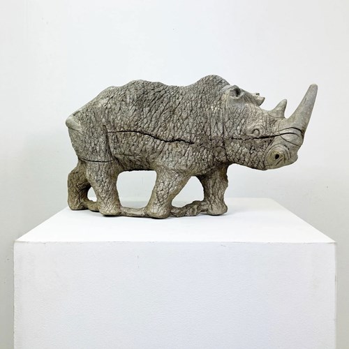 Large Vintage Weathered Hand Carved Wooden Rhino