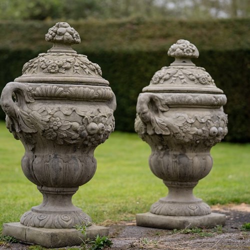 Pair Of Cast Stone Garden Urns