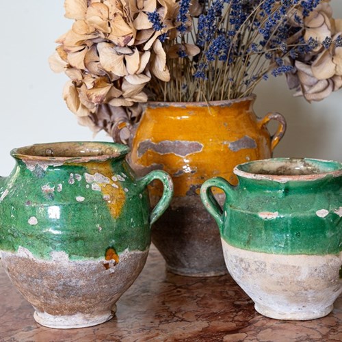 A Pair Of Petite Green Glazed Antique Confit Pots