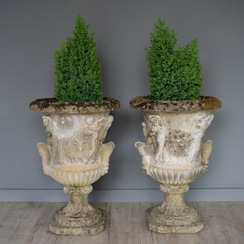 A Pair Cast Stone Antique Garden Urns