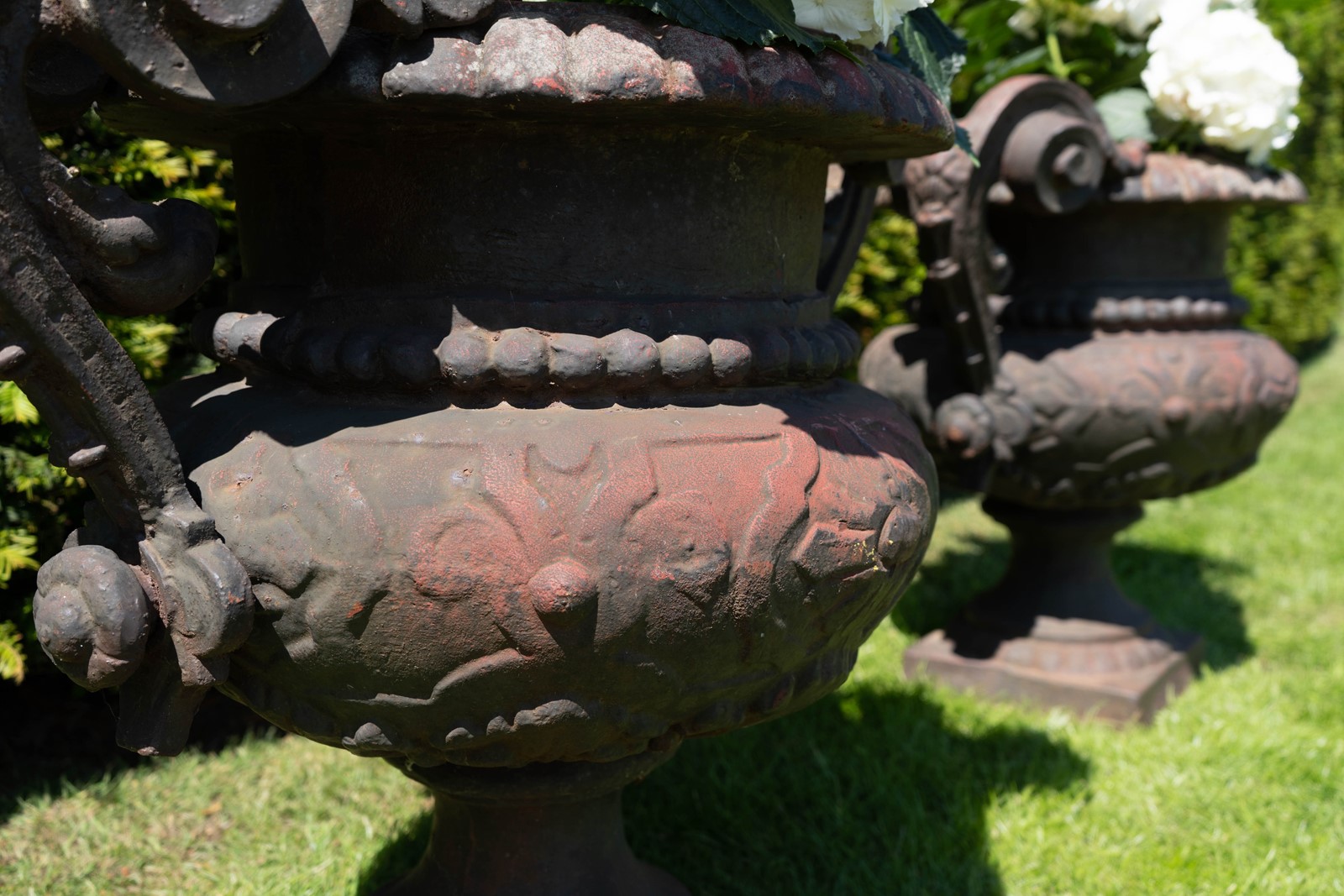 Large Pair of Vintage Cast Iron Urns - New England Garden Company