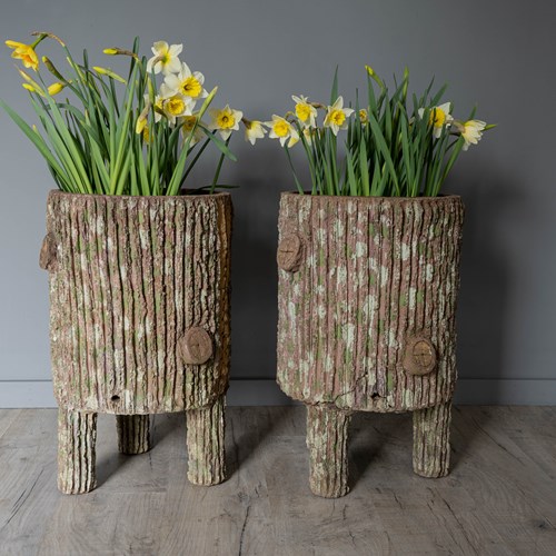 Pair Antique Faux Bois Garden Planters