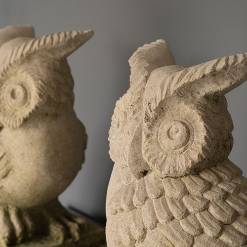 Pair Of Portland Stone Garden Owl Statues