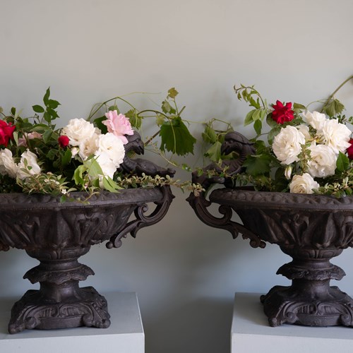 A Pair Of Antique Cast Iron Garden Urns