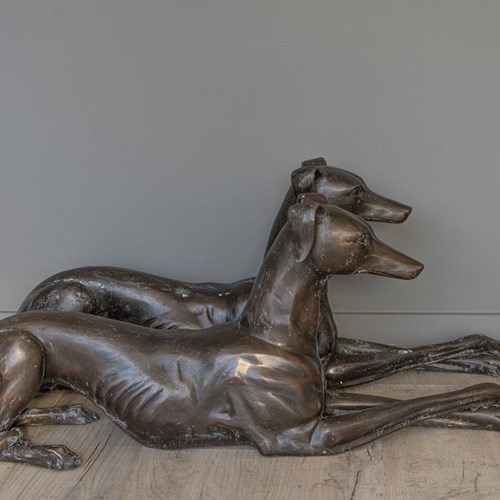 Pair Of Bronze Whippet Garden Statues
