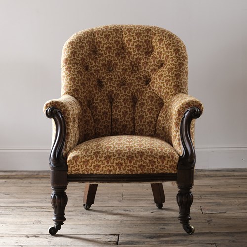 19Th Century Buttoned Back Tub Armchair In Vintage French Cotton