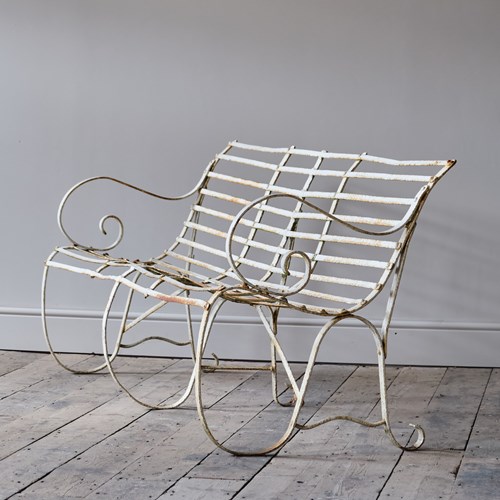 Antique Wrought Iron Strap Work Garden Bench