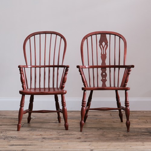 Pair Of Red Painted Stick Back Windsor Chairs