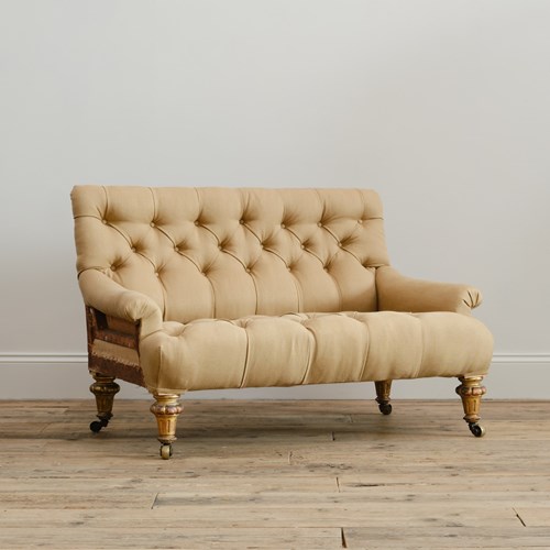 Small 19Th Century Buttoned Sofa On Gilt Legs