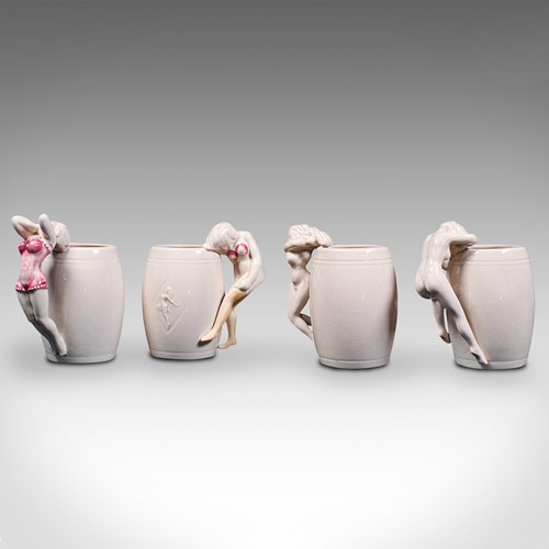Set Of, Vintage Decorative Barrel Mugs, Japanese, Ceramic Cup, Female Figures