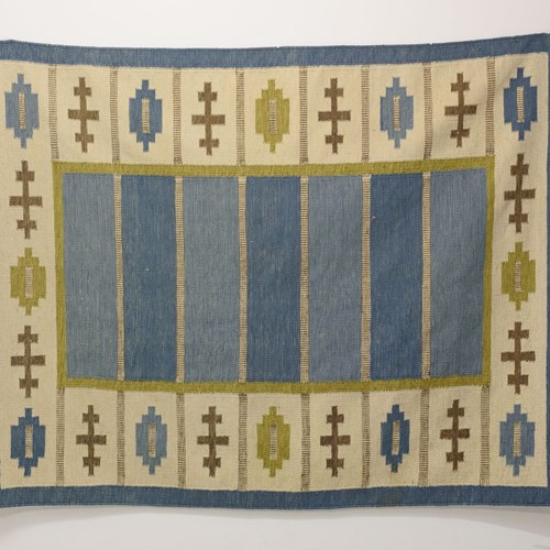 Large Swedish Mid-Century Kilim In Tones Of Blues And Green