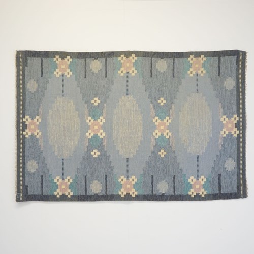 Large Swedish Kilim In Tones Of Blue And Pink