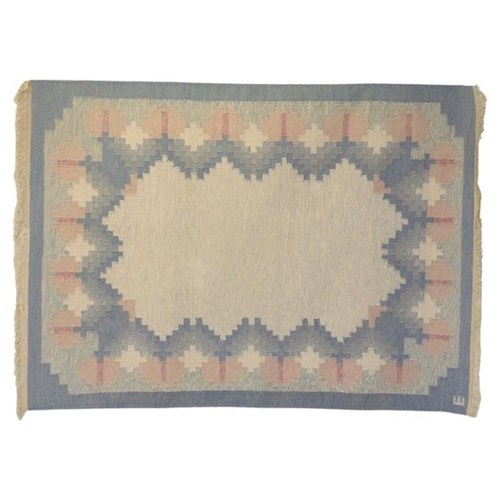 Mid-Century Swedish Kilim In Tones Of Blue And Cream Signed E